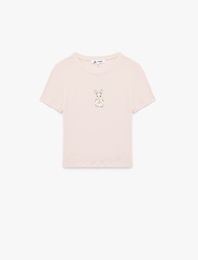 Slim Fit Kısa Kollu Ribanalı Bisiklet Yaka Pamuklu Fiyonk Detaylı Tavşan Baskılı Tişört