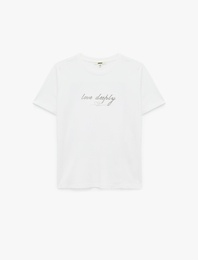 Pamuklu Kısa Kollu Bisiklet Yaka Parlak Baskı Detaylı Tişört