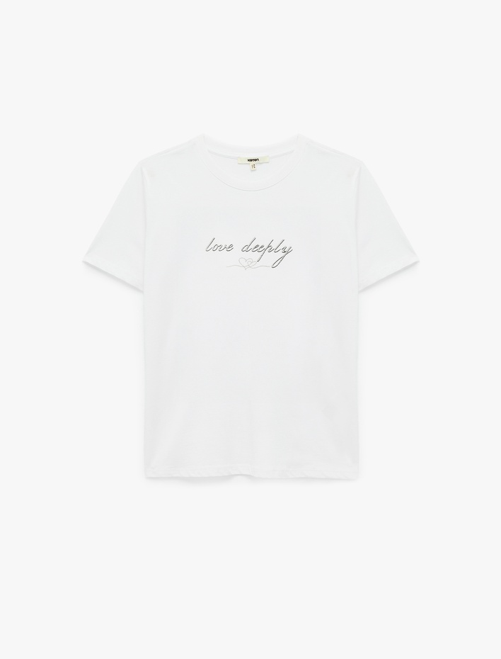  Pamuklu Kısa Kollu Bisiklet Yaka Parlak Baskı Detaylı Tişört