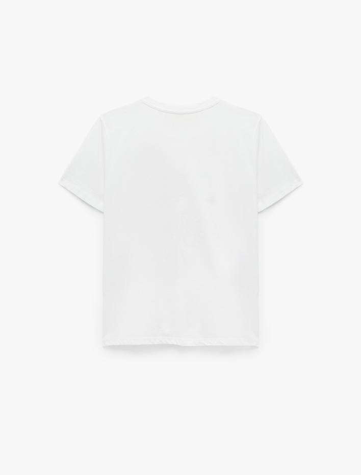  Pamuklu Kısa Kollu Bisiklet Yaka Parlak Baskı Detaylı Tişört