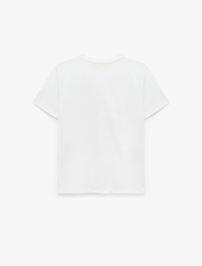  Pamuklu Bisiklet Yaka Kısa Kollu Parlak Varak Baskılı Tişört