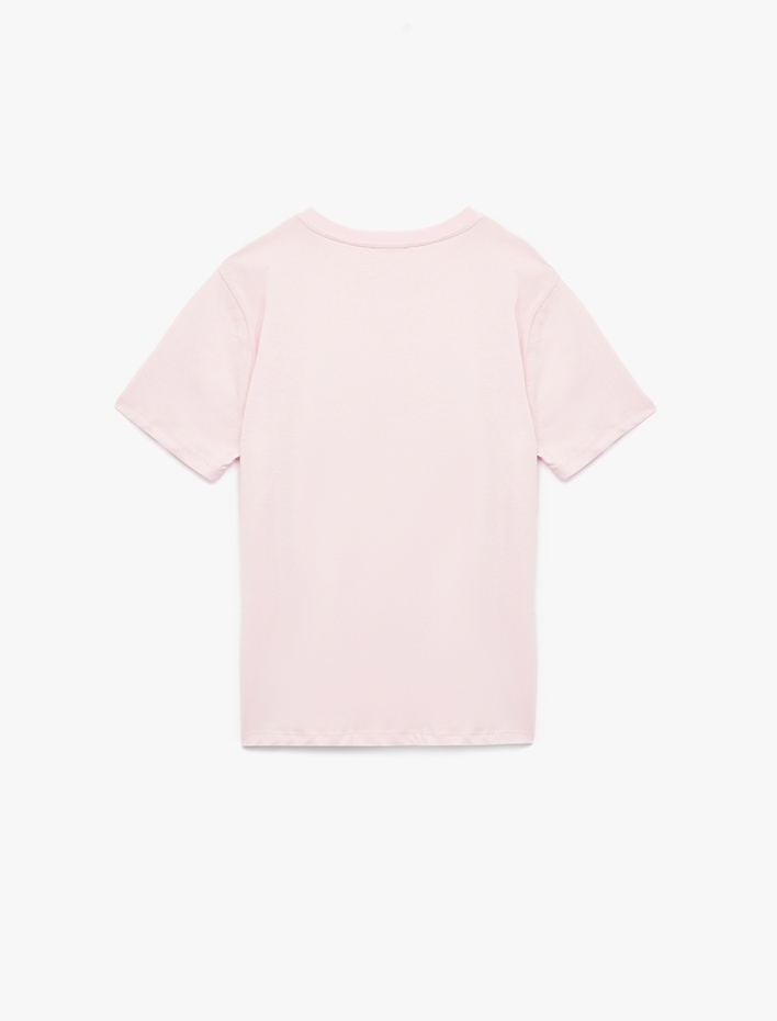  Pamuklu Kısa Kollu Bisiklet Yaka Taşlı Fiyonk Baskılı Tişört