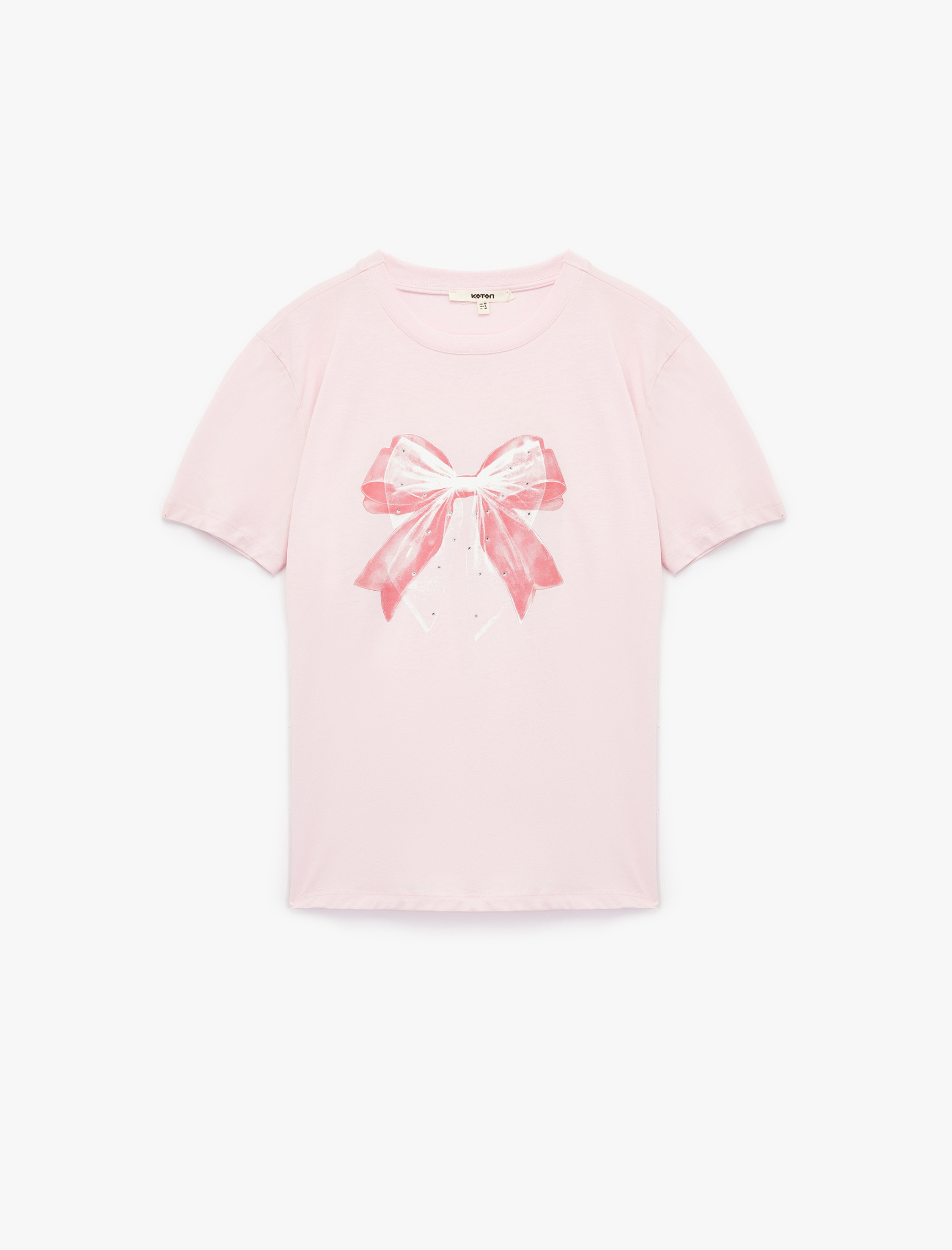   Pamuklu Kısa Kollu Bisiklet Yaka Taşlı Fiyonk Baskılı Tişört