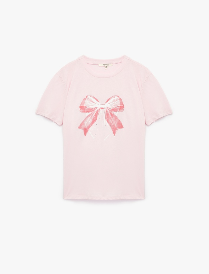  Pamuklu Kısa Kollu Bisiklet Yaka Taşlı Fiyonk Baskılı Tişört