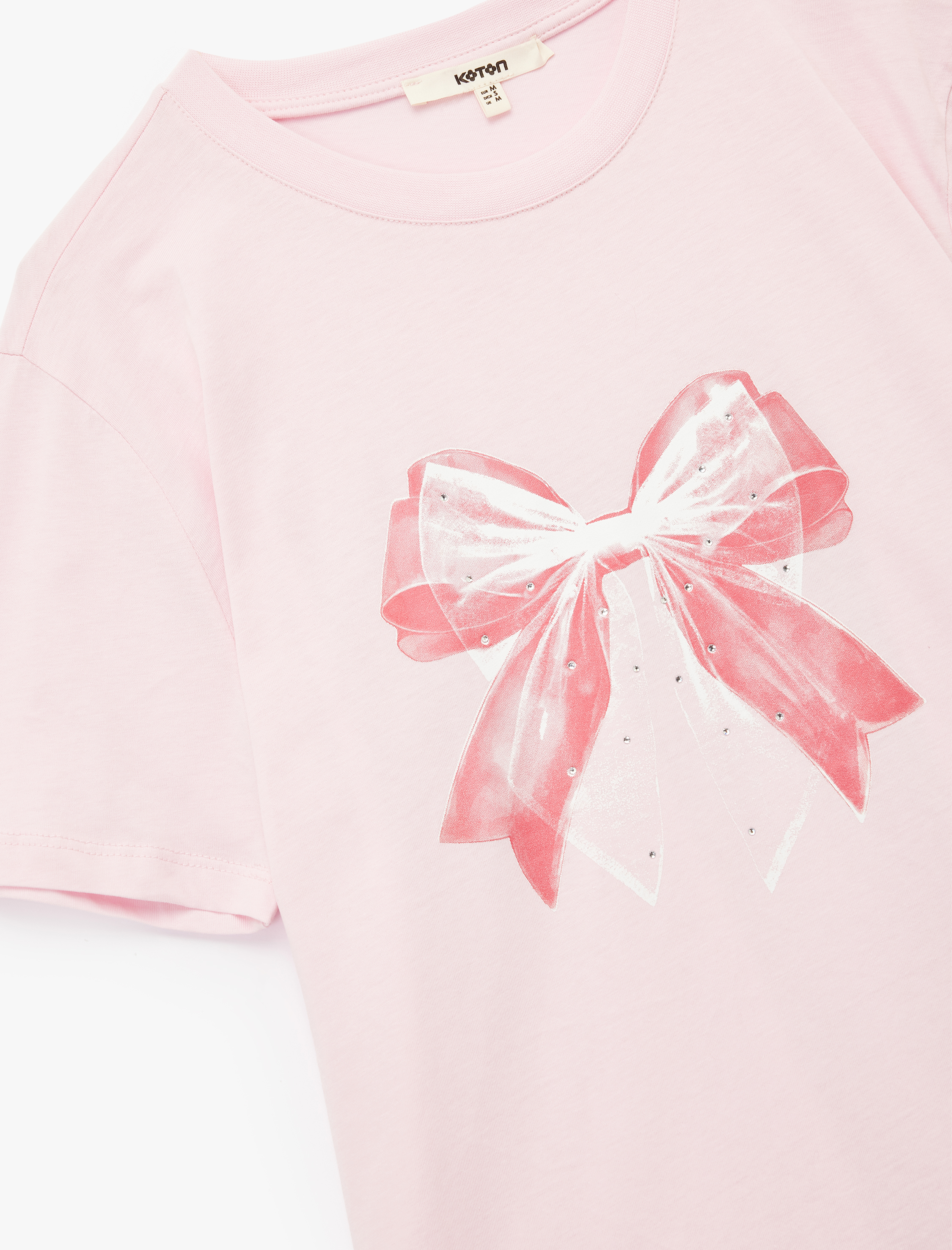   Pamuklu Kısa Kollu Bisiklet Yaka Taşlı Fiyonk Baskılı Tişört