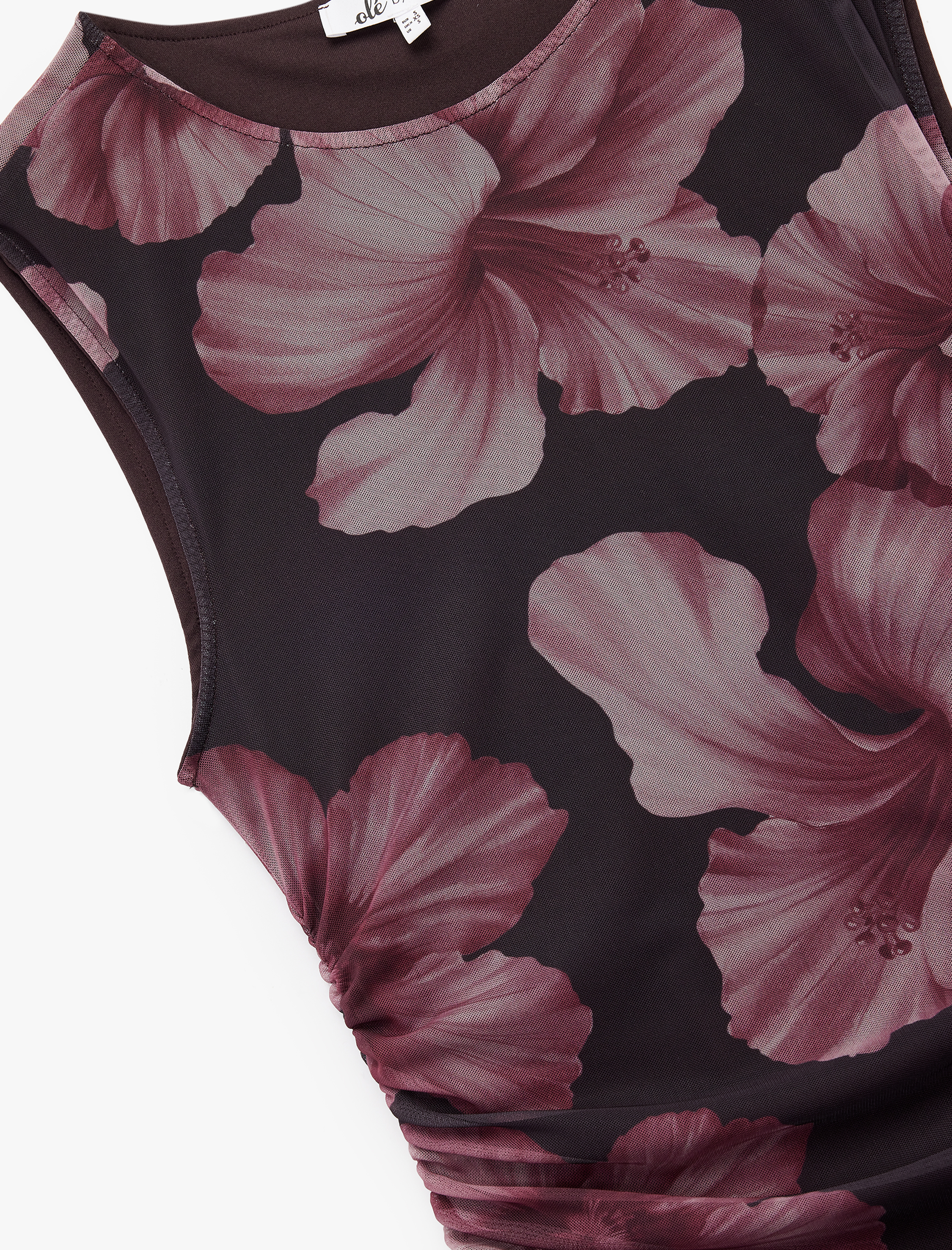   Drape Detaylı Tül Bisiklet Yaka Slim Fit Çiçekli Kolsuz Bluz