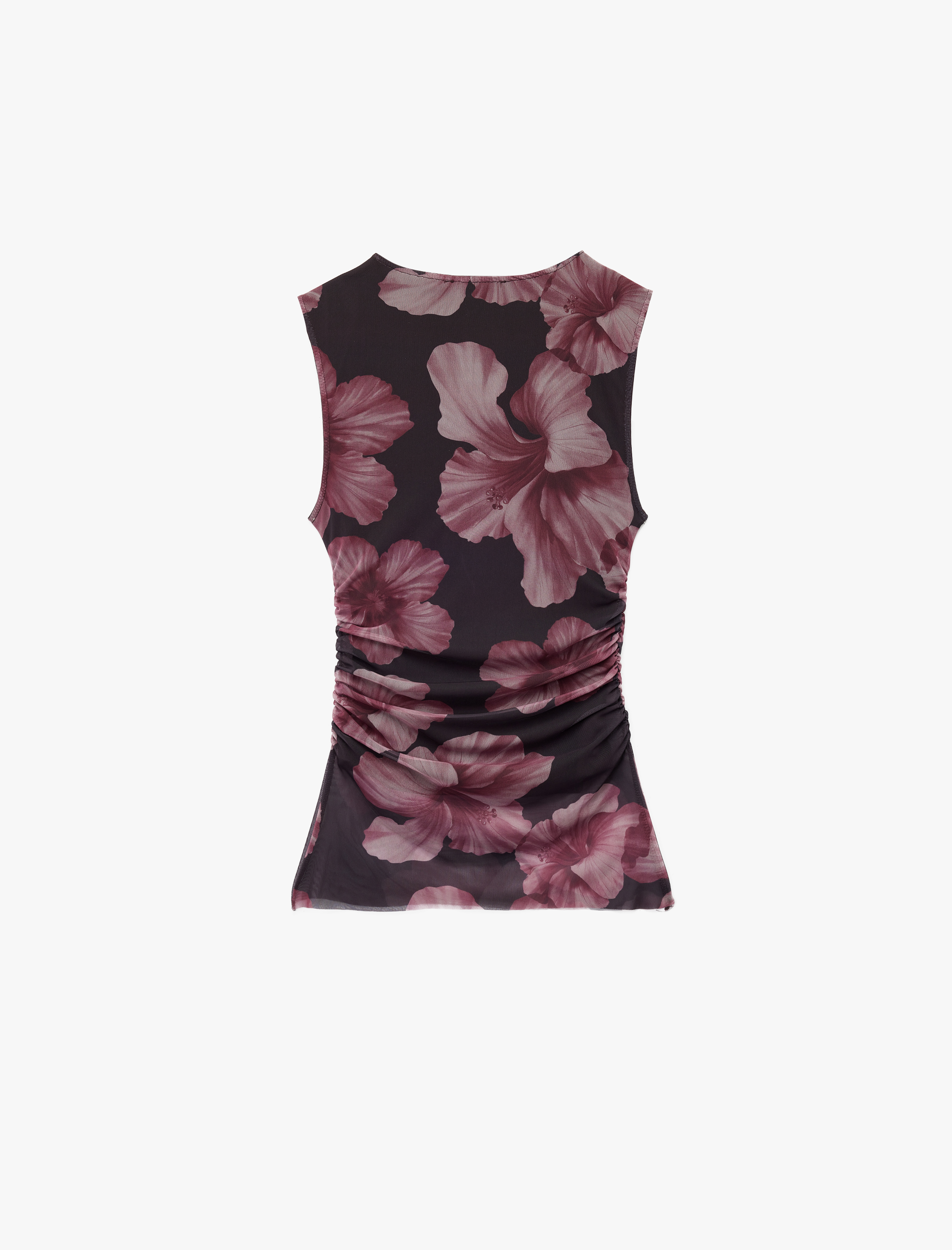   Drape Detaylı Tül Bisiklet Yaka Slim Fit Çiçekli Kolsuz Bluz