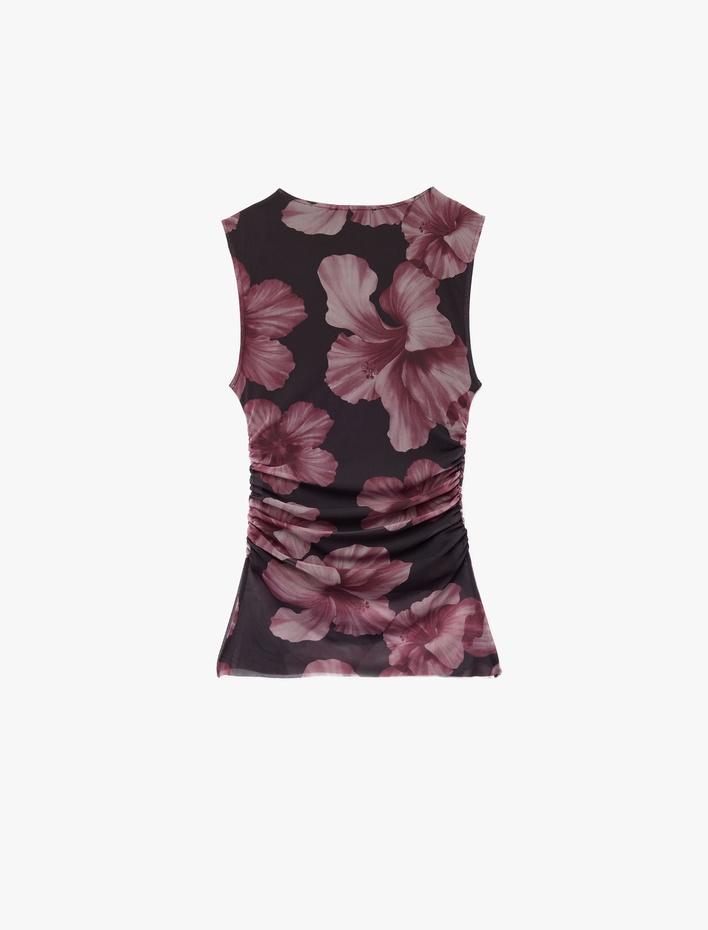  Drape Detaylı Tül Bisiklet Yaka Slim Fit Çiçekli Kolsuz Bluz