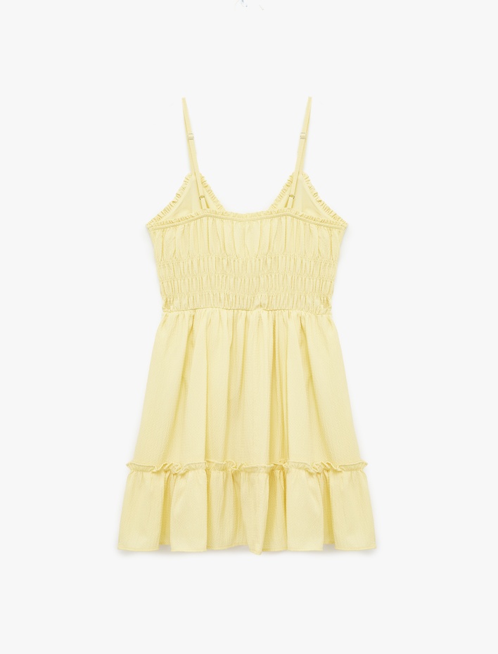  Gipeli V Yaka Katlı Fırfırlı İp Askılı Viskon Karışımlı Mini Elbise