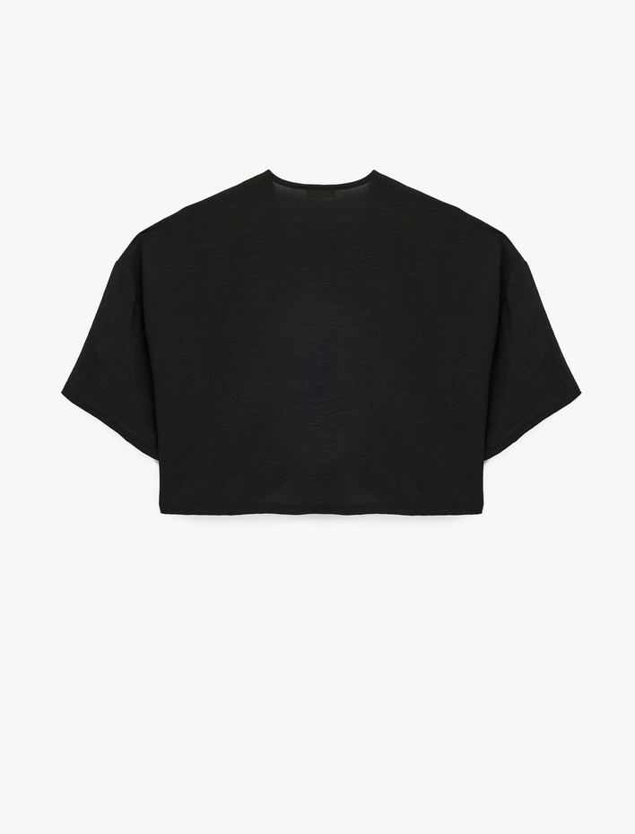  Bol Kalıp V Yaka Kısa Kollu Crop Gömlek