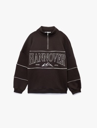 Oversize Uzun Kollu Fermuarlı Yaka Şardonlu Sweatshirt