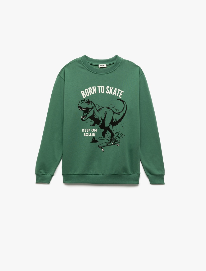  Erkek Çocuk Şardonlu Uzun Kollu Bisiklet Yaka Dinozor Baskılı Sweatshirt