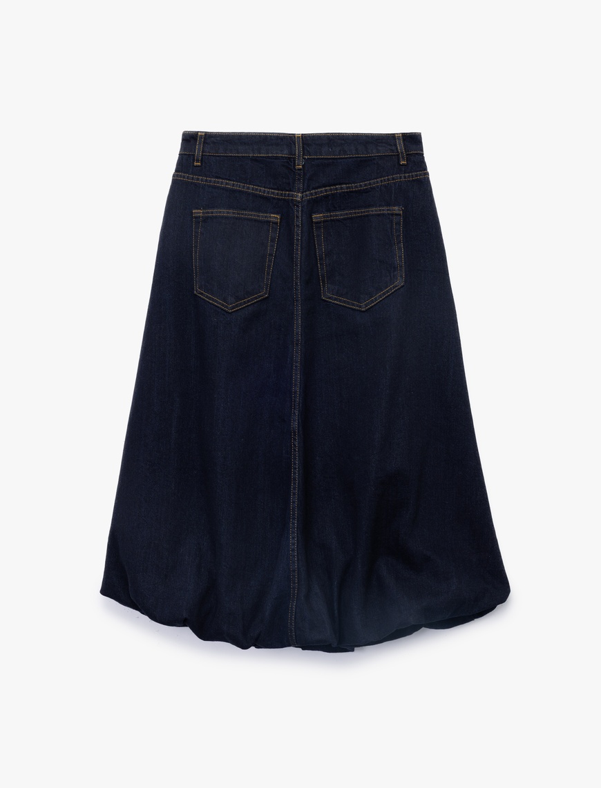   Pamuklu Cep Detaylı Midi Balon Denim Etek