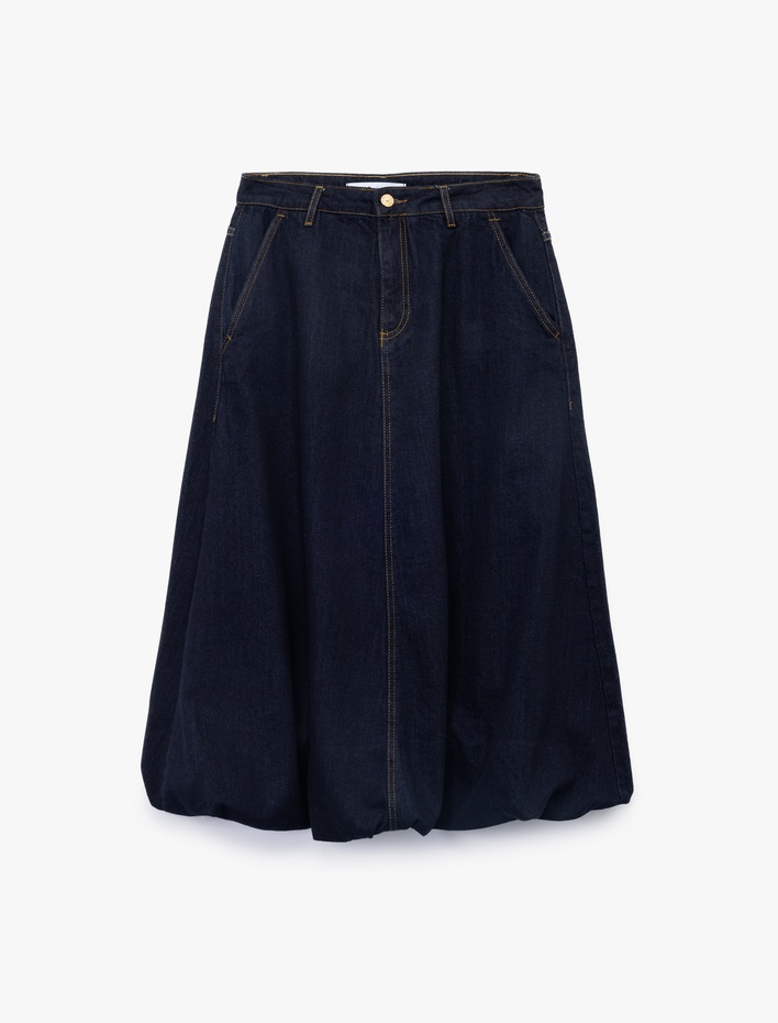  Pamuklu Cep Detaylı Midi Balon Denim Etek