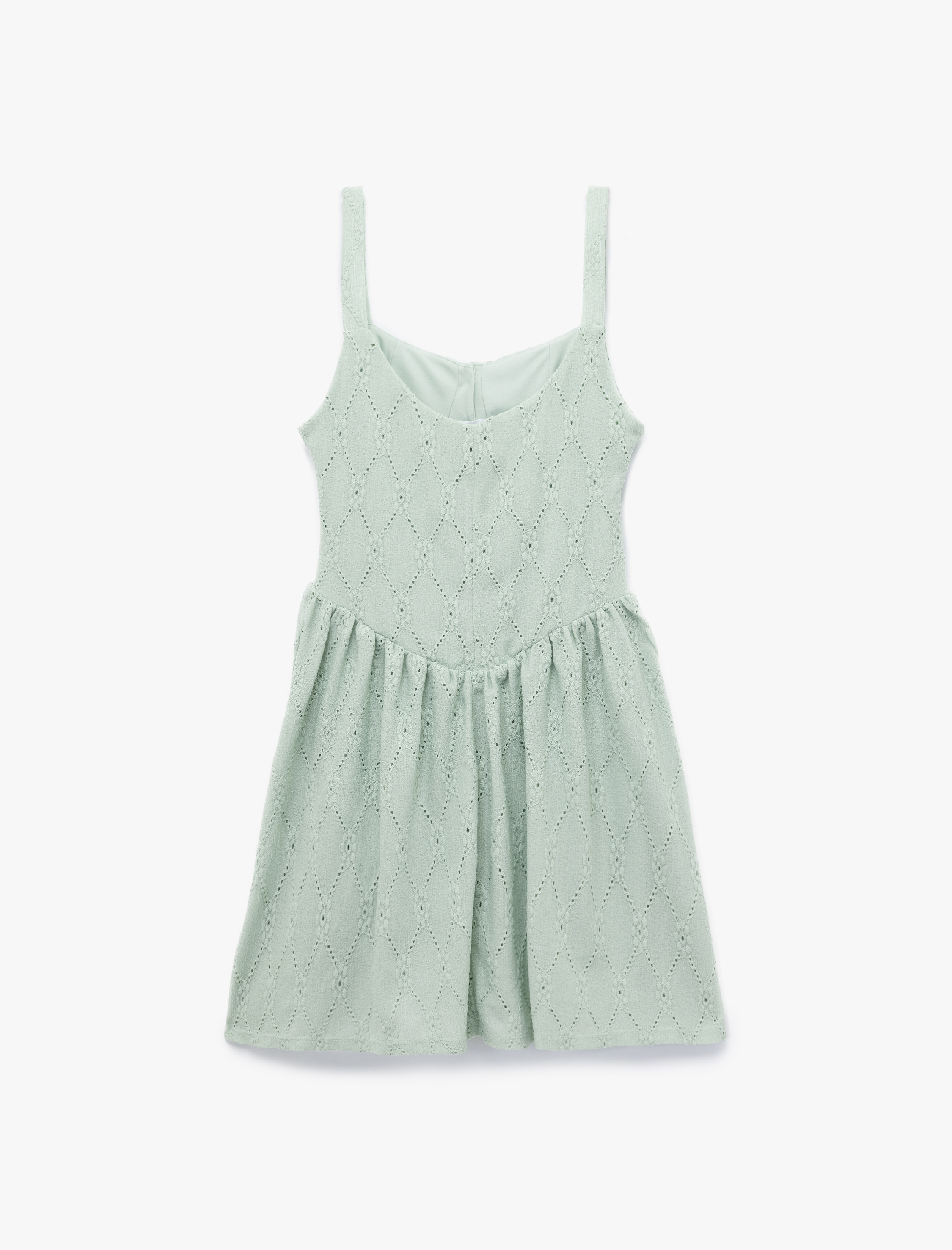   Kare Yaka Rahat Kesim Brodeli Düğmeli Askılı Mini Elbise