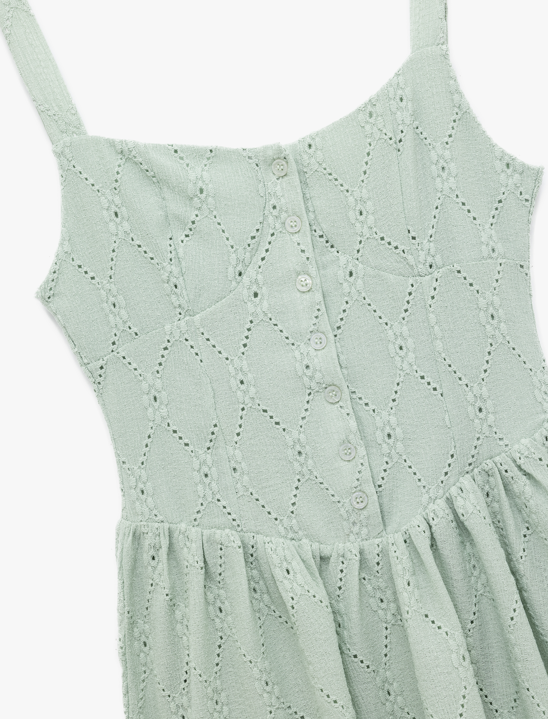   Kare Yaka Rahat Kesim Brodeli Düğmeli Askılı Mini Elbise