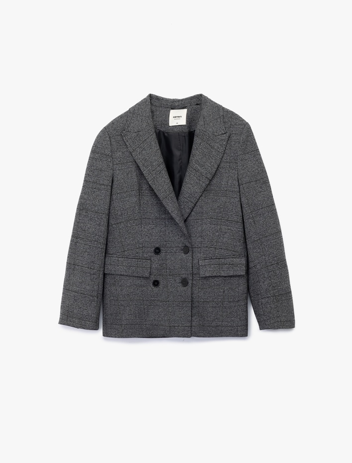  Uzun Kollu Cepli Kruvaze Ekose Blazer Ceket