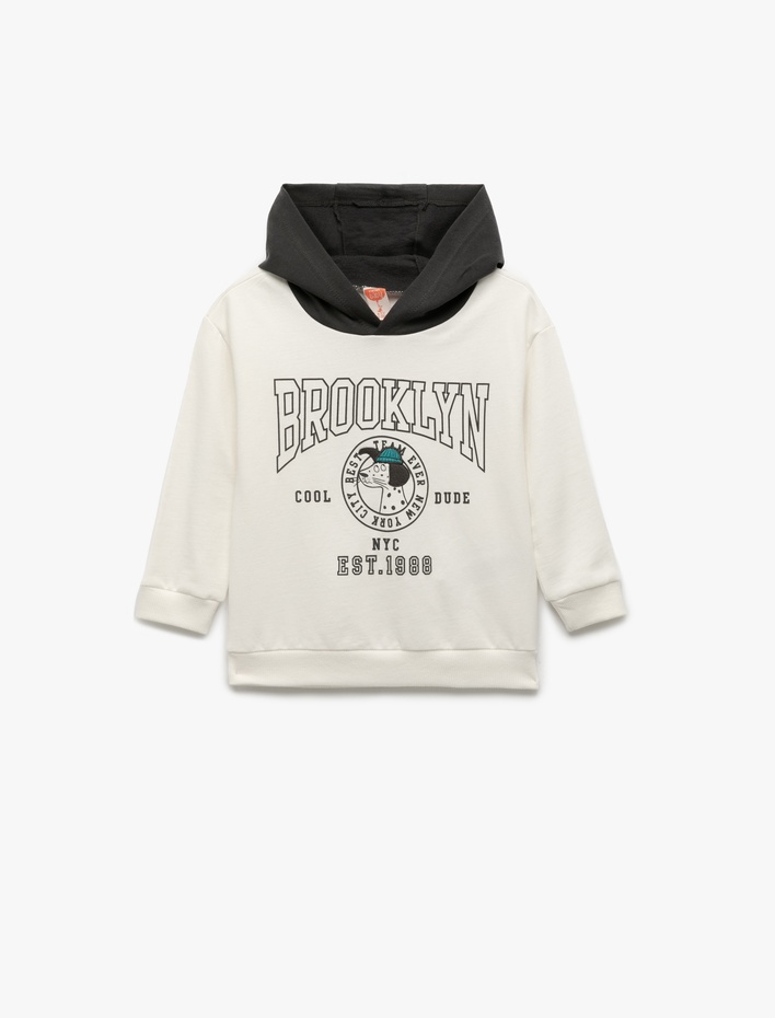 Erkek Bebek Pamuklu Şardonlu Uzun Kollu Baskılı Kapşonlu Sweatshirt
