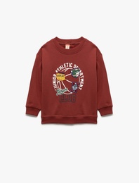 Şardonlu Uzun Kollu Bisiklet Yaka Pamuklu Baskılı Sweatshirt