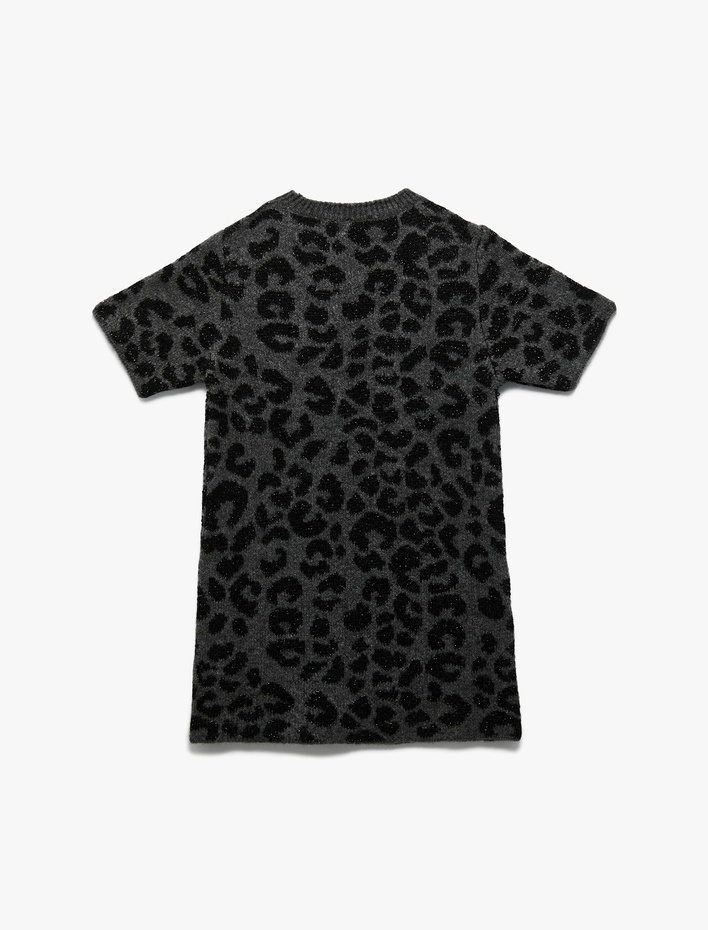 Kız Çocuk Leopar Desenli Bisiklet Yaka Kısa Kollu Triko Elbise