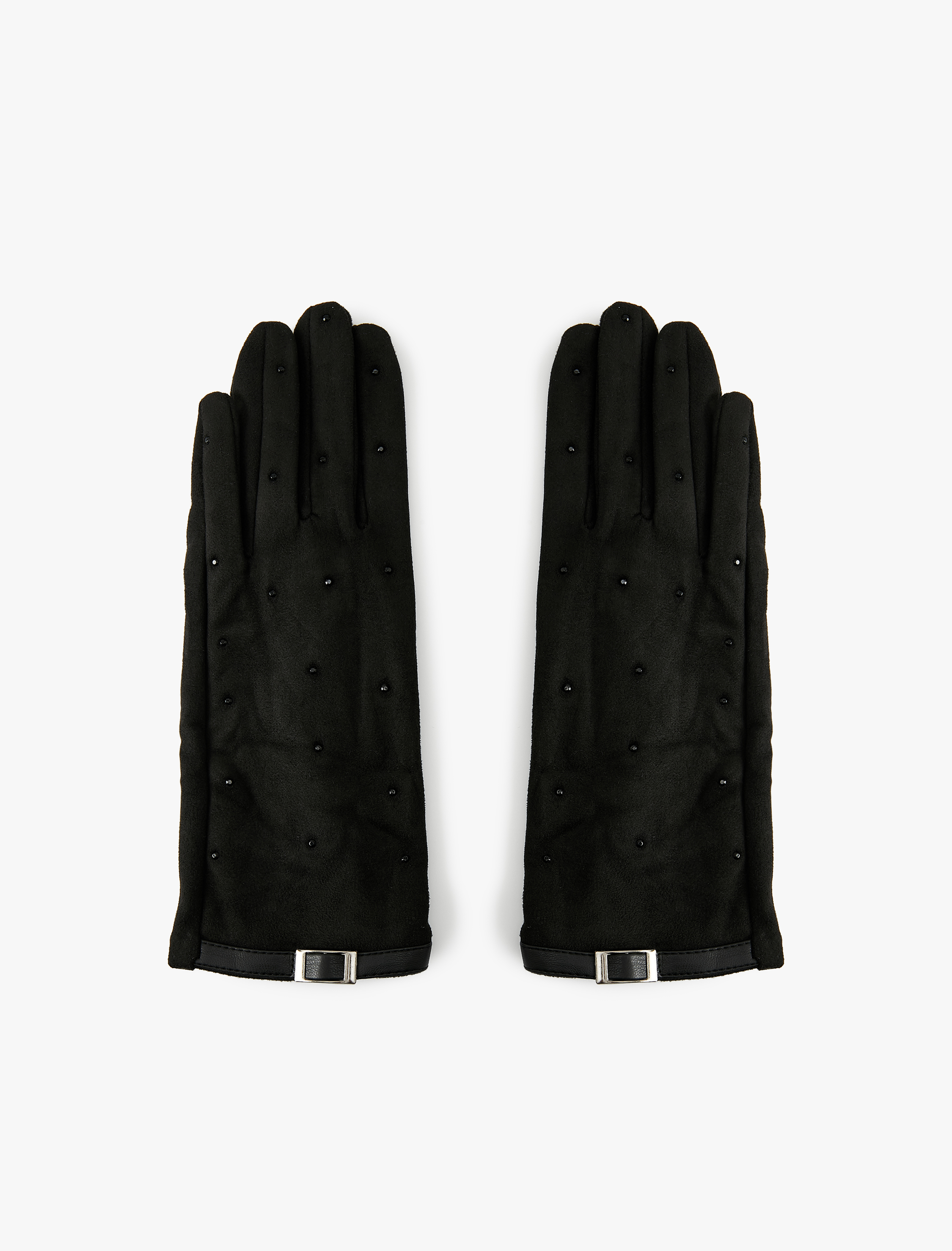  Kadın Kemer Detaylı Taşlı Süet Görünümlü Eldiven