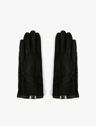 Kemer Detaylı Taşlı Süet Görünümlü Eldiven