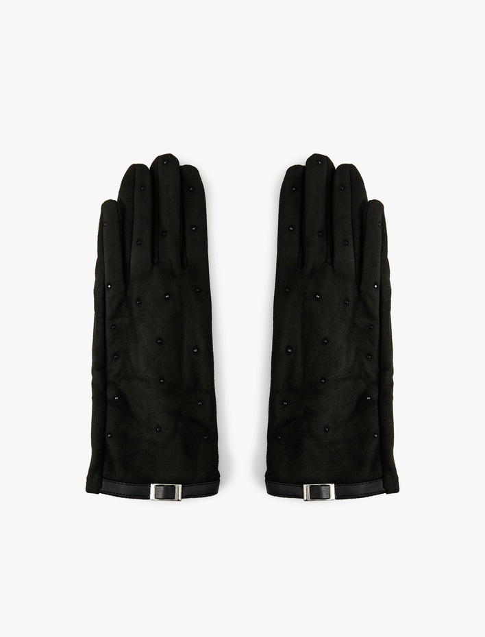 Kadın Kemer Detaylı Taşlı Süet Görünümlü Eldiven