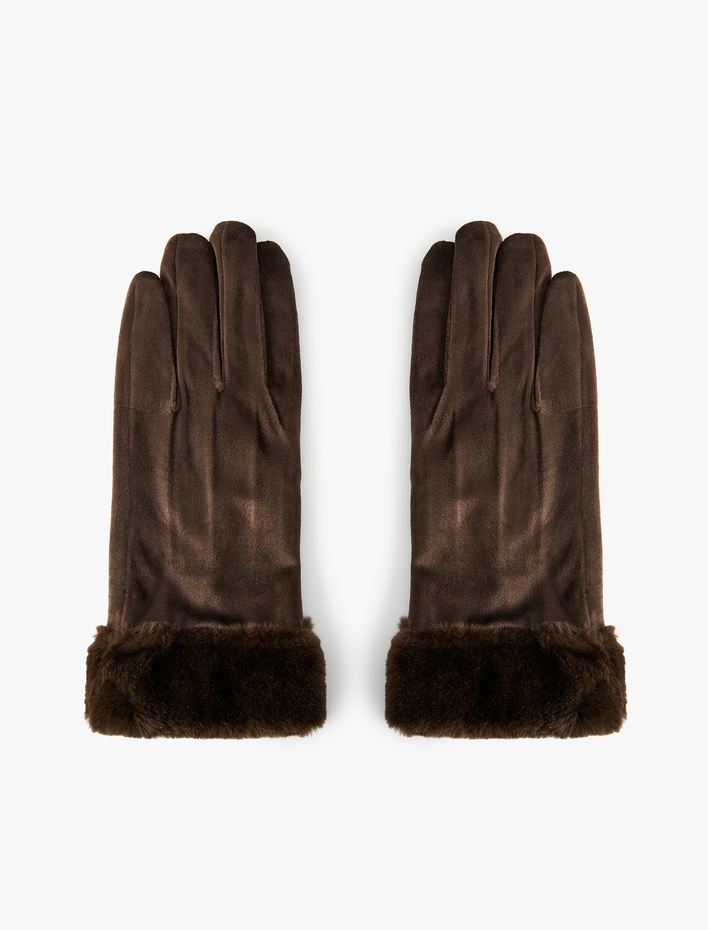 Kadın Suni Kürk Detaylı Süet Görünümlü Eldiven