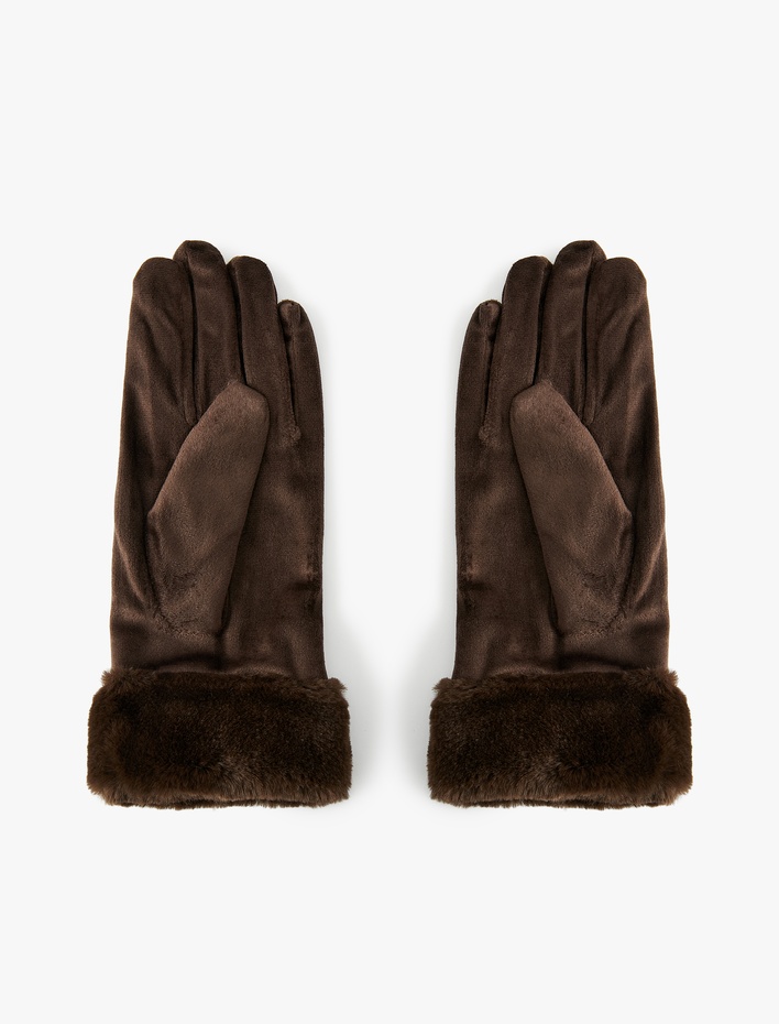 Kadın Suni Kürk Detaylı Süet Görünümlü Eldiven