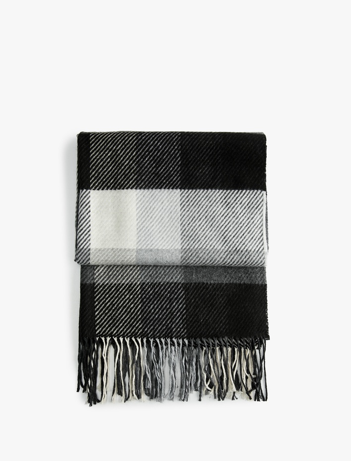 Kadın Ekoseli Püsküllü Uzun Atkı