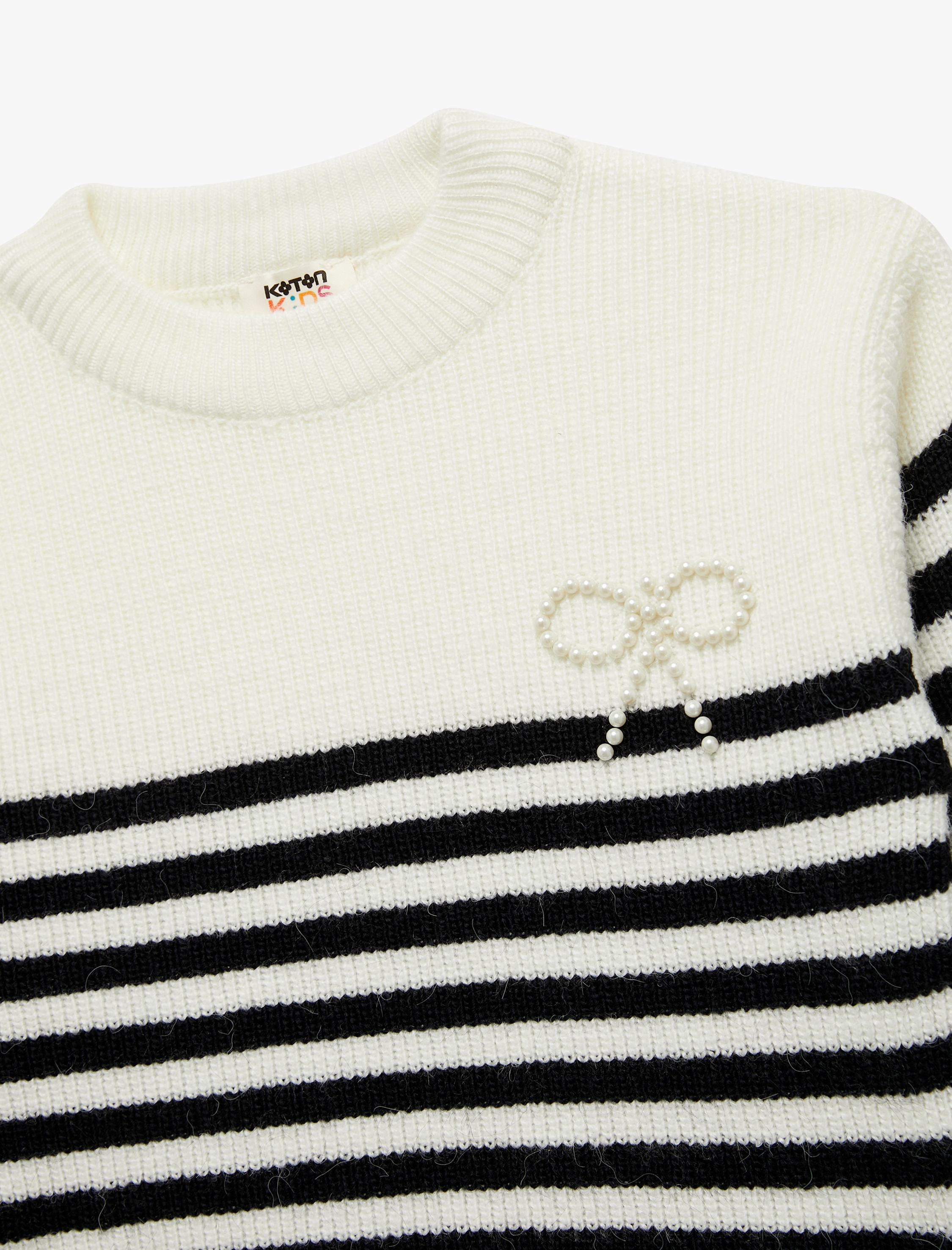  Kız Çocuk Uzun Kollu Bisiklet Yaka Fiyonk Detaylı Çizgili Triko Yılbaşı Kazağı