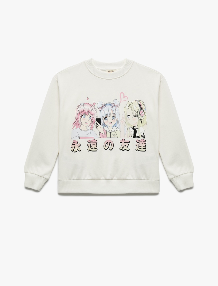  Kız Çocuk Uzun Kollu Bisiklet Yaka Pamuklu Anime Baskılı Sweatshirt