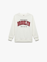 Şardonlu Uzun Kollu Bisiklet Yaka Baskılı Oversize Sweatshirt