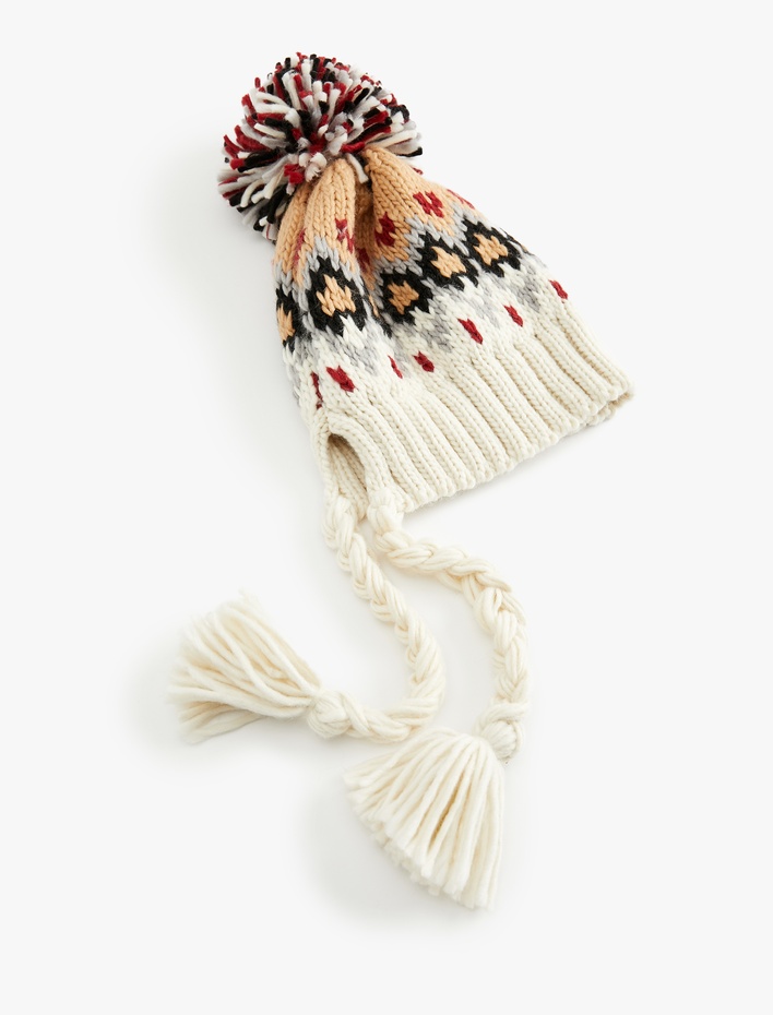 Kadın Ponponlu Kış Temalı Püskül Detaylı Çok Renkli Bere