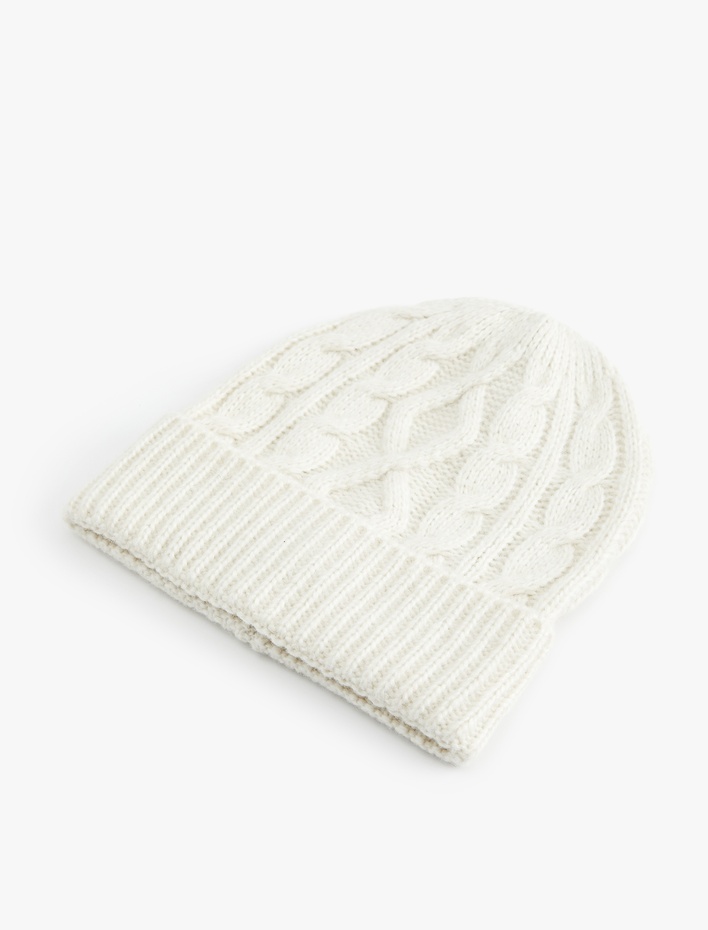 Kadın Katlama Detaylı Saç Örgü Dokulu Triko Bere