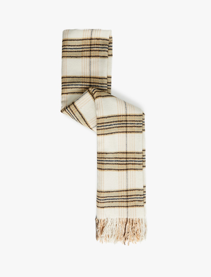 Kadın Püsküllü Ekoseli Uzun Atkı