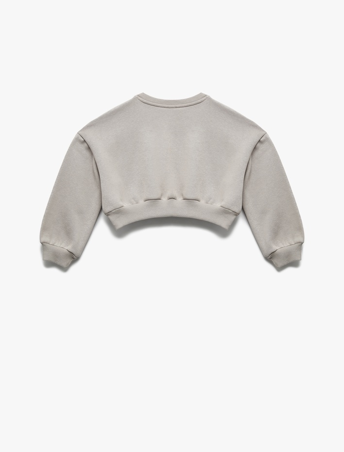 Kız Çocuk Uzun Kollu Bisiklet Yaka Şardonlu Baskılı Crop Sweatshirt
