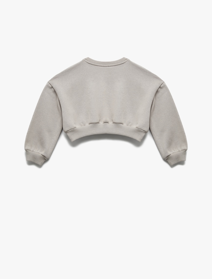  Kız Çocuk Uzun Kollu Bisiklet Yaka Şardonlu Baskılı Crop Sweatshirt