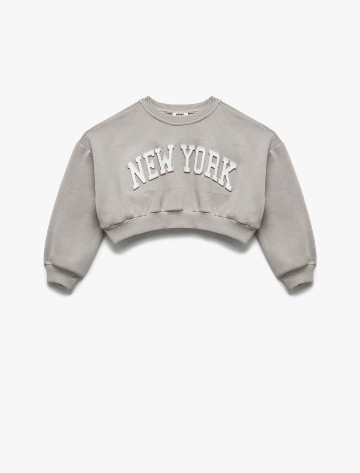 Kız Çocuk Uzun Kollu Bisiklet Yaka Şardonlu Baskılı Crop Sweatshirt