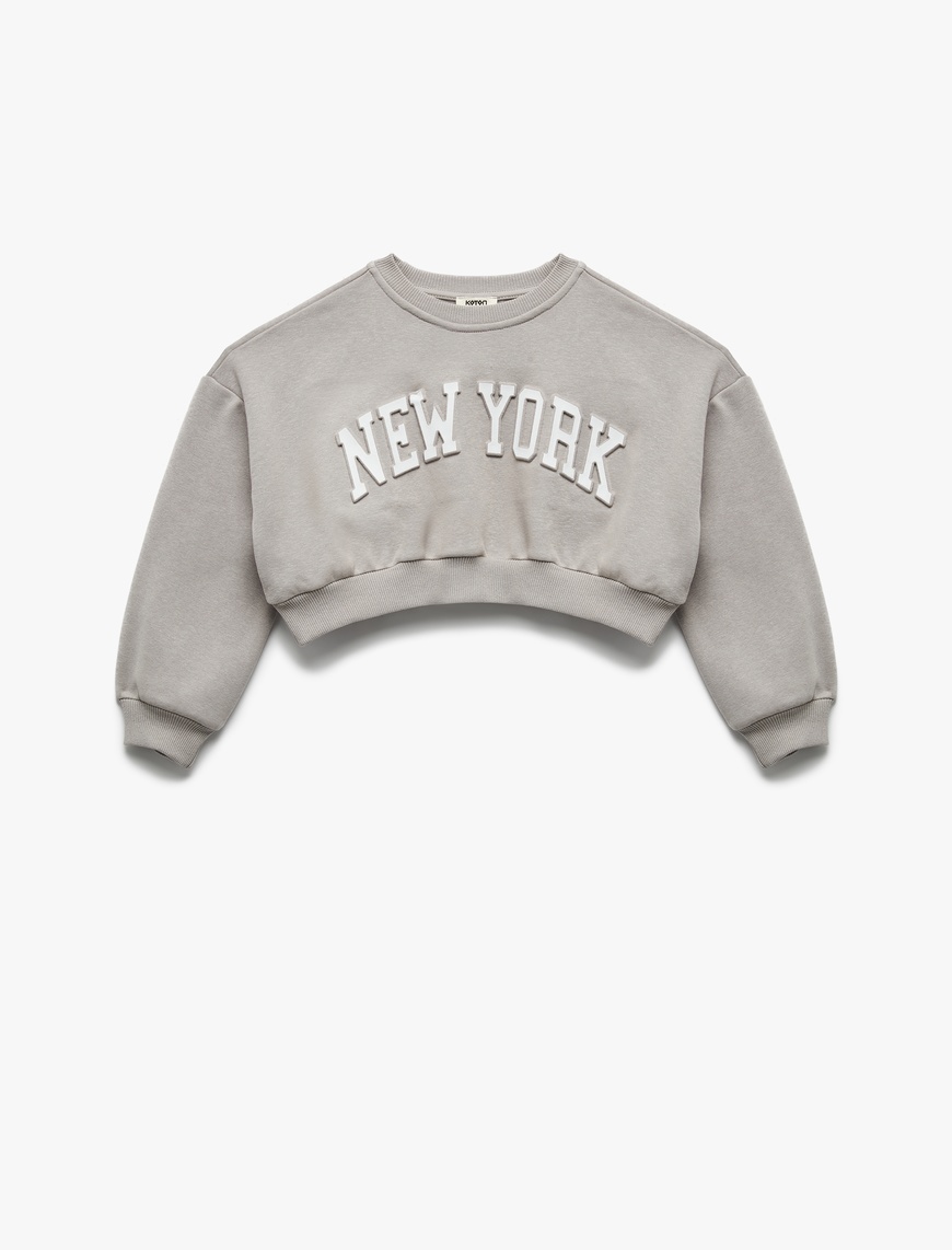  Kız Çocuk Uzun Kollu Bisiklet Yaka Şardonlu Baskılı Crop Sweatshirt