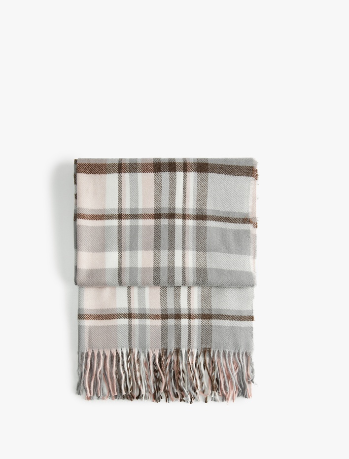 Kadın Püsküllü Ekoseli Uzun Atkı