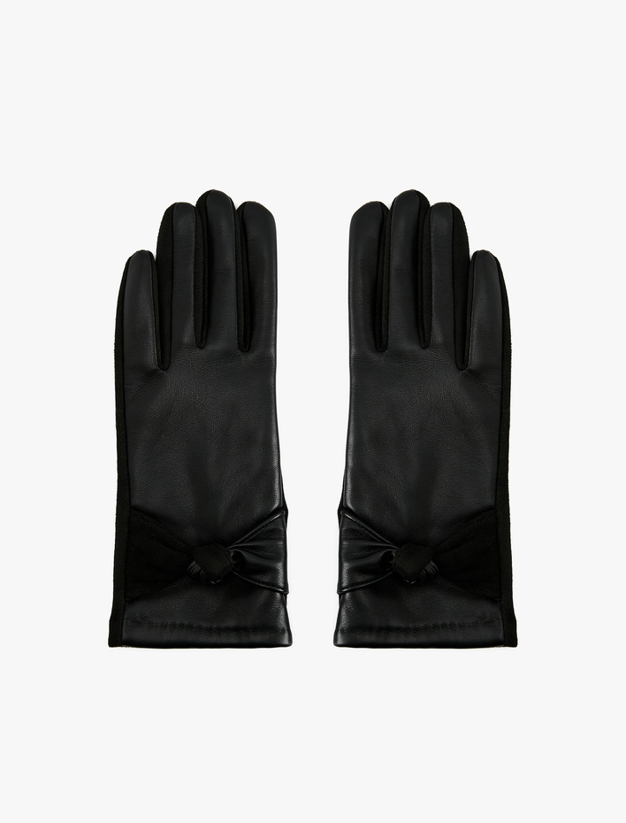 Kadın Kurdele Detaylı Suni Deri Eldiven