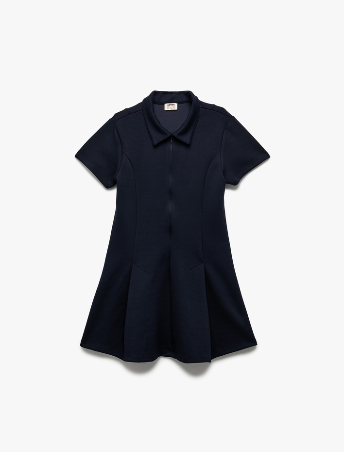 Kız Çocuk Kısa Kollu Fermuar Kapamalı Gömlek Yaka Elbise