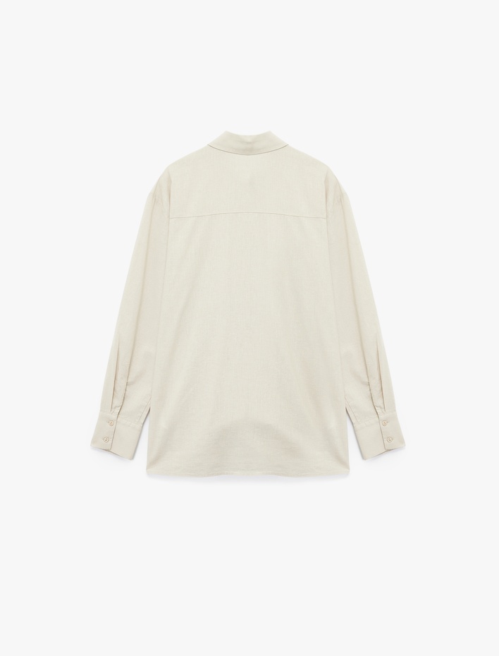  Regular Fit Uzun Kollu Klasik Yaka Cepli Keten Karışımlı Gömlek