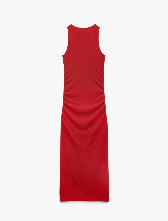  Kolsuz Bisiklet Yaka Drape Detaylı Uzun Elbise