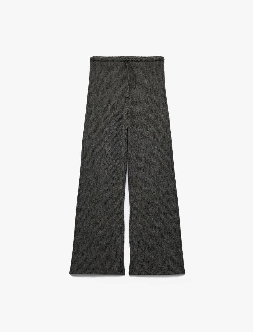   Yüksek Bel Rahat Kalıp Bürümcük Viskon Karışımlı Beli Bağcıklı Geniş Paça Pantolon