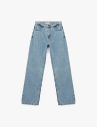 Pamuklu Düğmeli Düz Paça Taş Detaylı Jean Pantolon - Straight Fit Jean