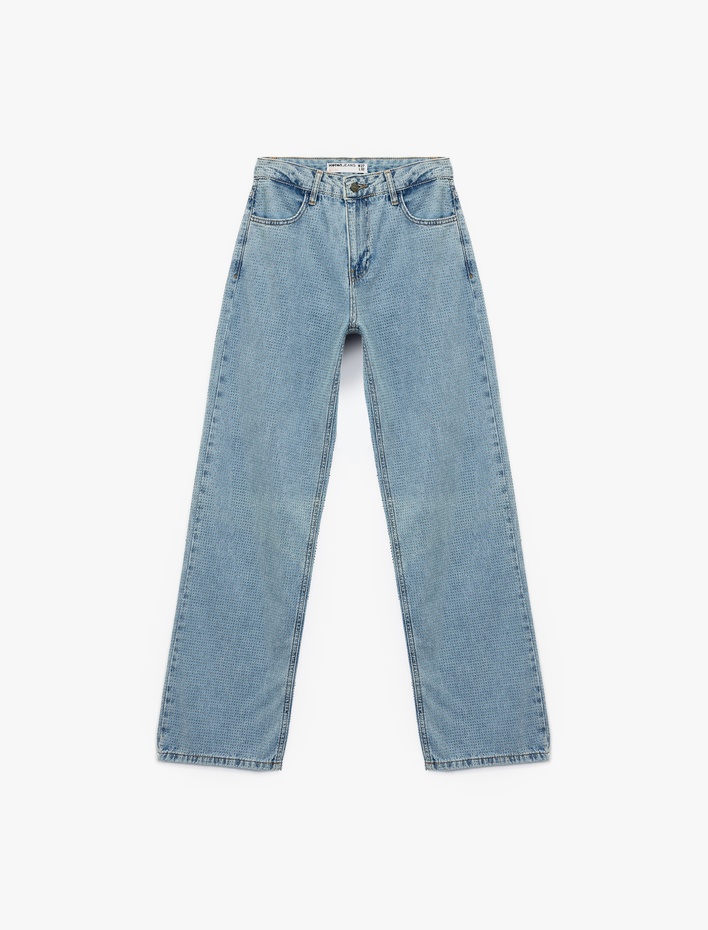  Pamuklu Düğmeli Düz Paça Taş Detaylı Jean Pantolon - Straight Fit Jean
