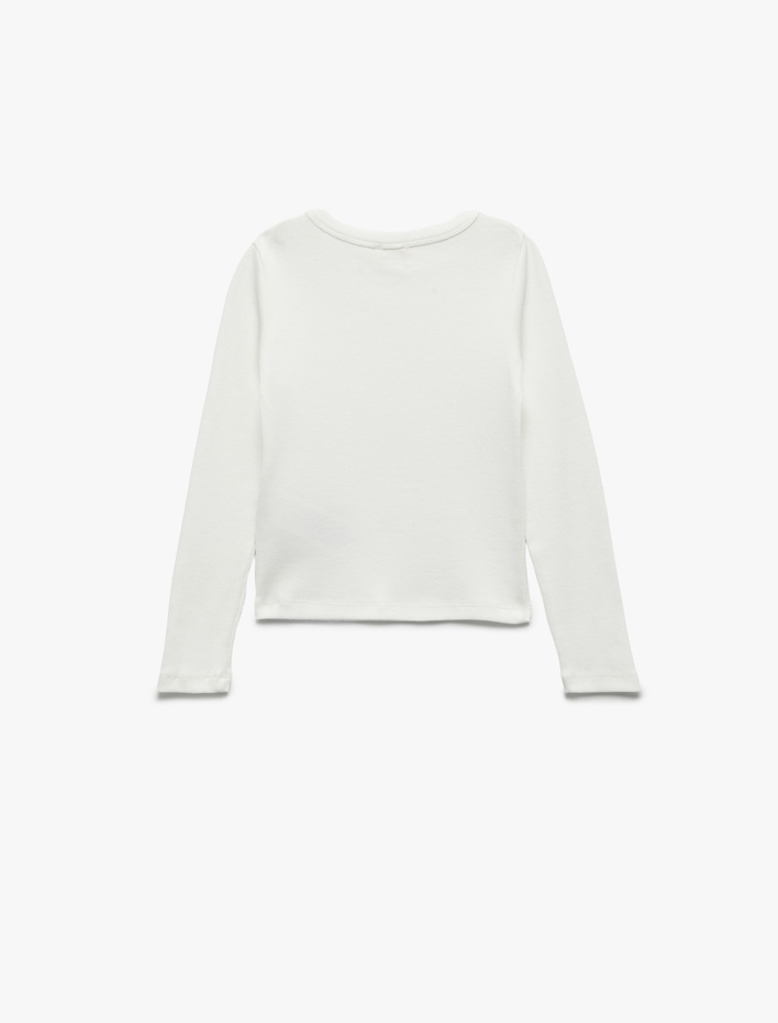 Kız Çocuk Fiyonk Taş Detaylı Uzun Kollu Bisiklet Yaka Pamuklu Tişört