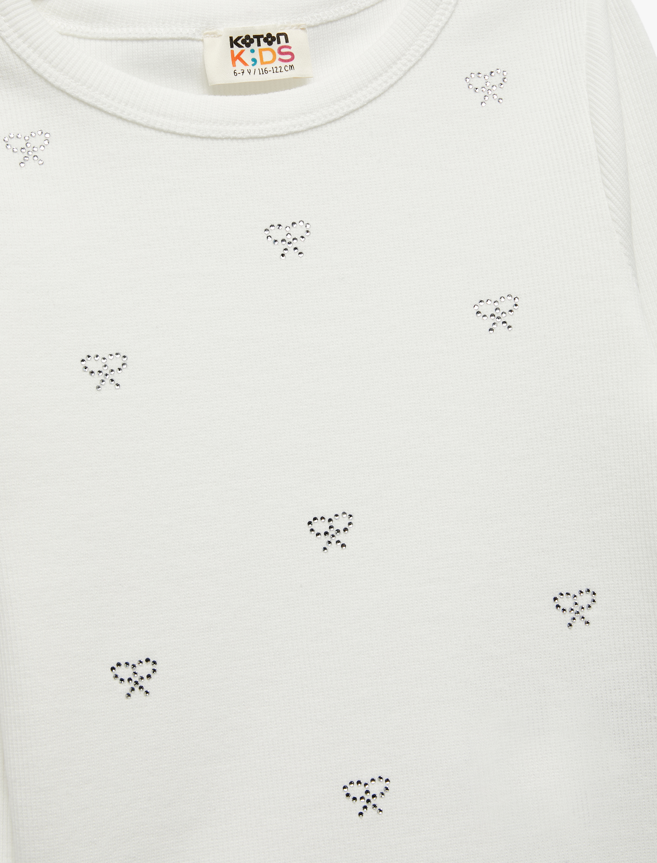  Kız Çocuk Fiyonk Taş Detaylı Uzun Kollu Bisiklet Yaka Pamuklu Tişört